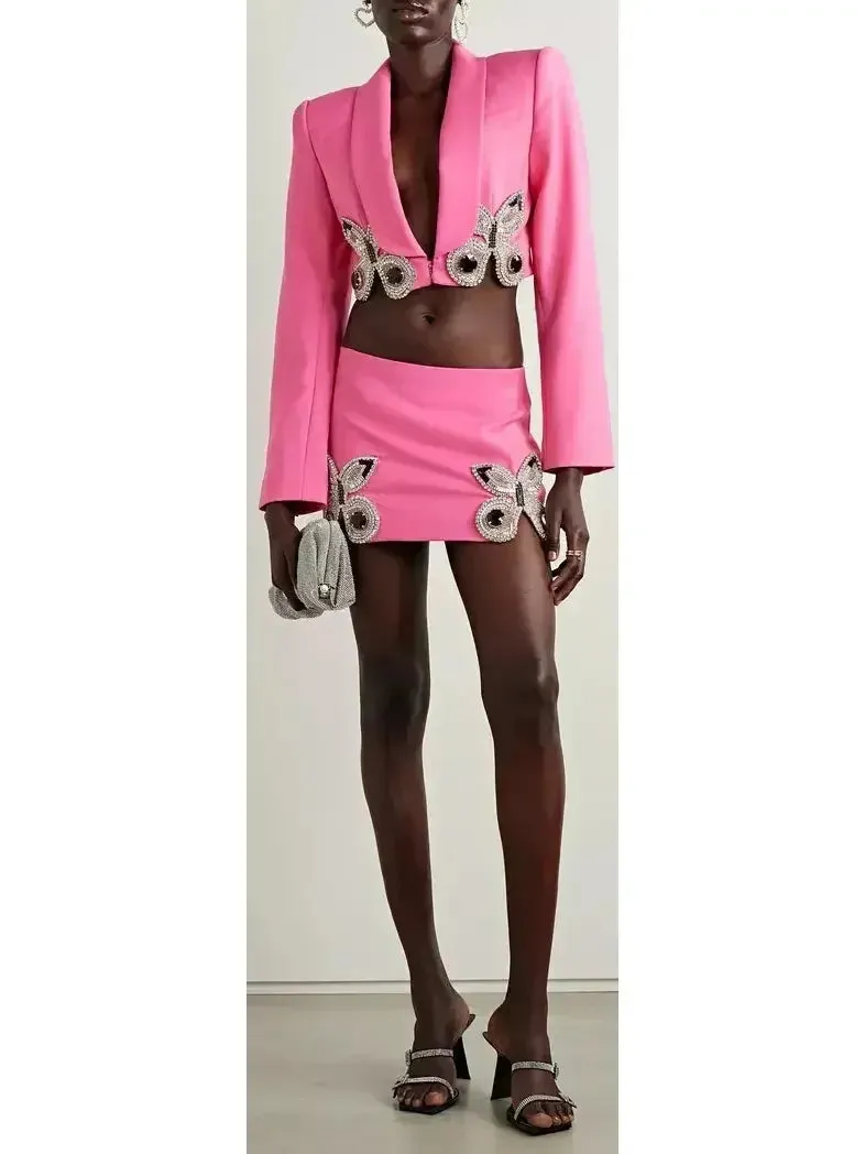 Butterfly-Embroidered Cropped Blazer and Mini Skirt Set in Pink