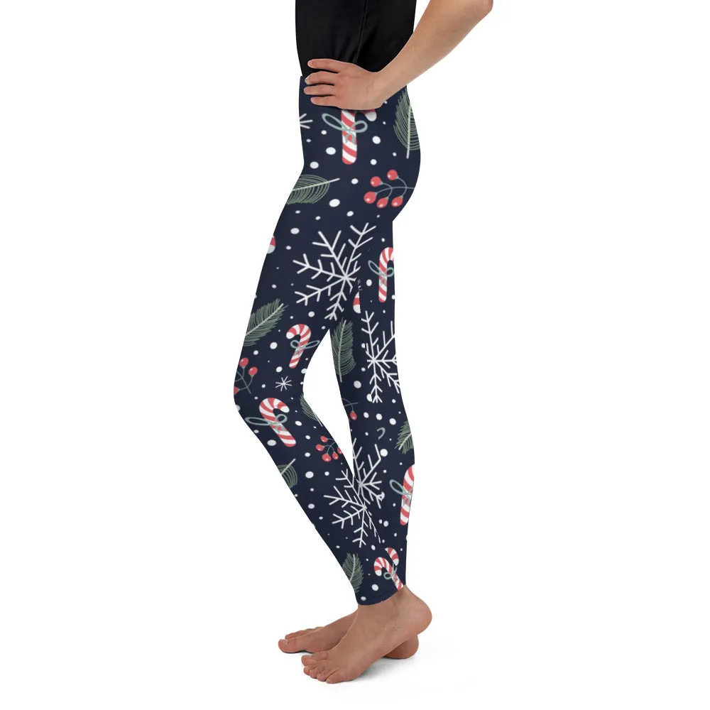 Christmas Leggings Girls (8-20), Snow Sugar Candy Cane Snowflakes Winter Workout Yoga Pants Holiday Mommy and Me Matching