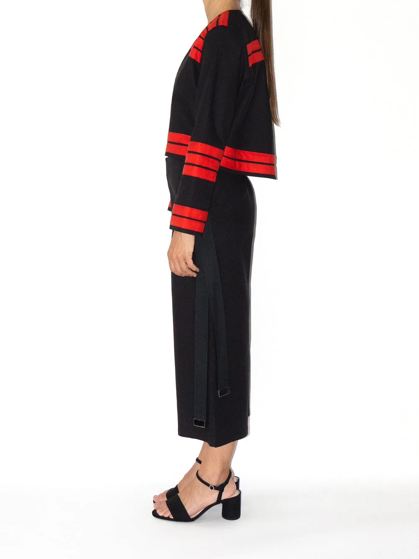 Collarless Ribbon Jacket, Black / Red