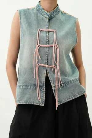 Denim Top with Satin Embroidered Yoke