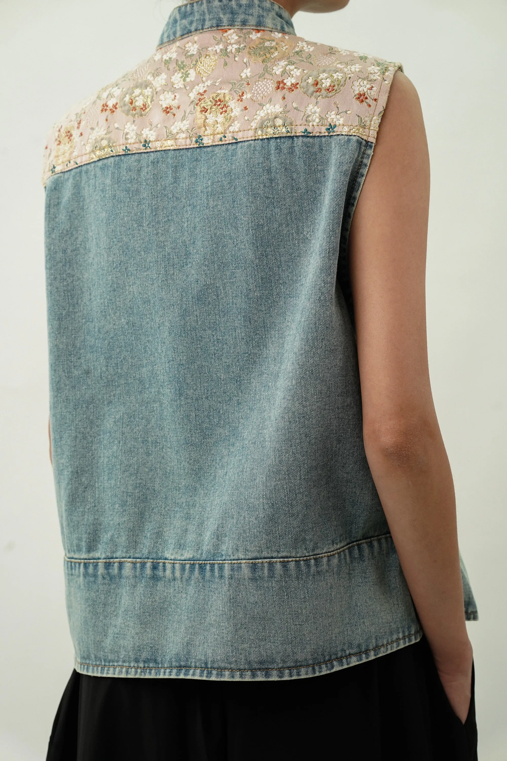 Denim Top with Satin Embroidered Yoke