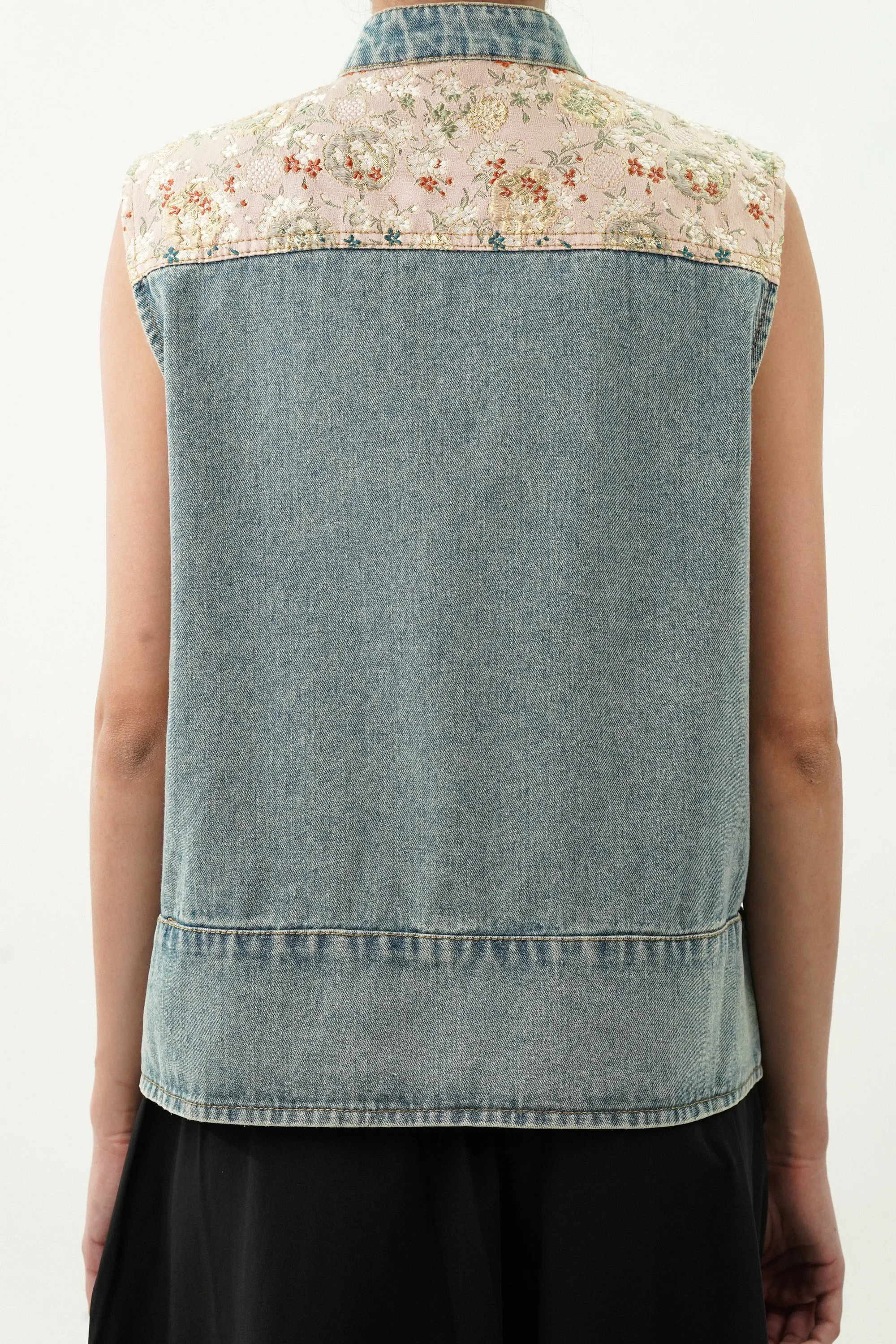 Denim Top with Satin Embroidered Yoke