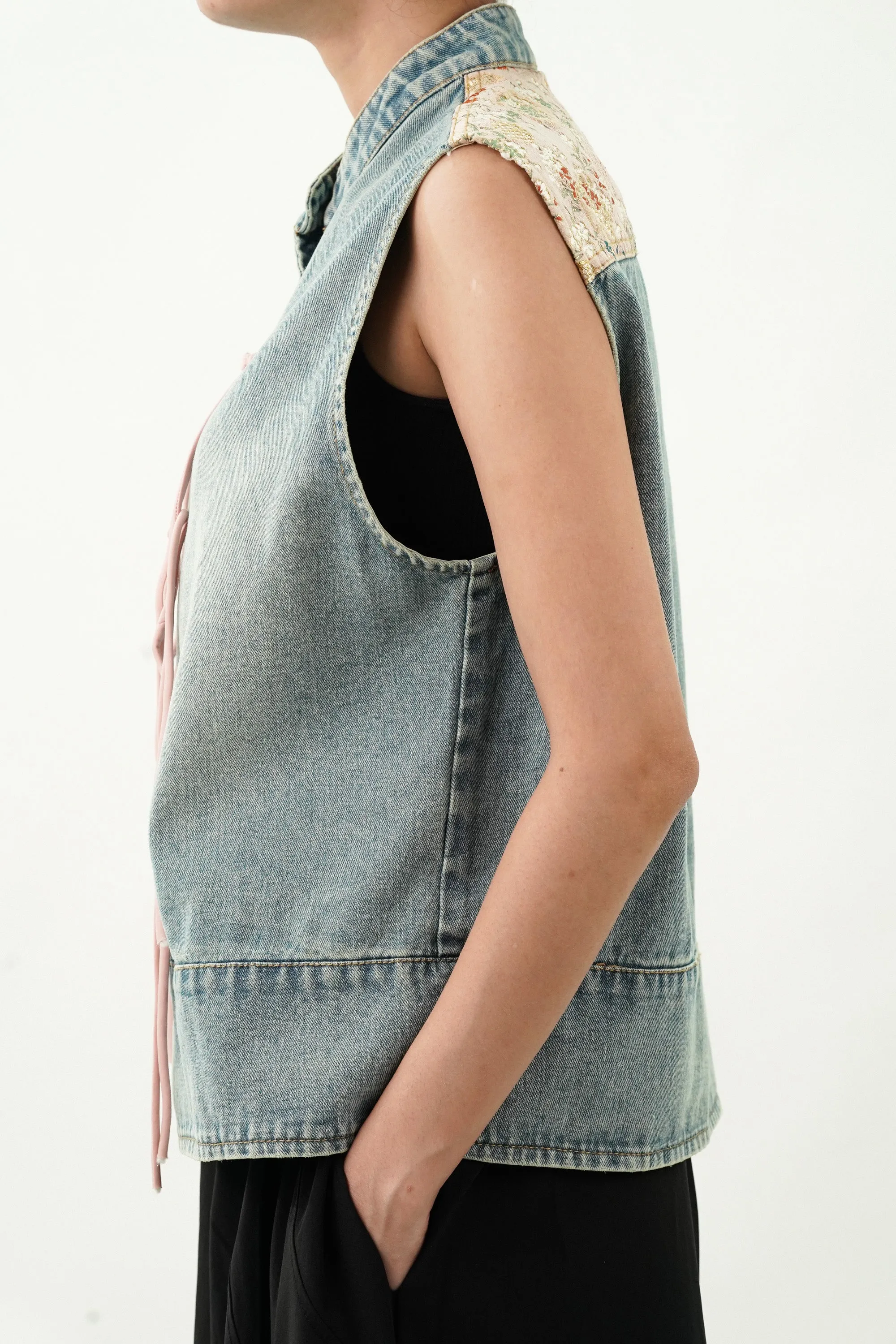 Denim Top with Satin Embroidered Yoke