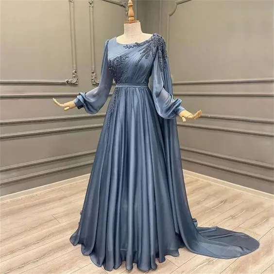 Elegant Blue Chiffon Gown with Embellished Sleeves Evening Dress      fg6652