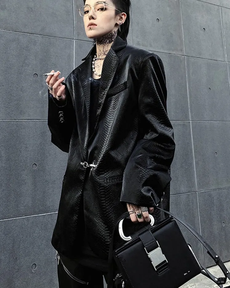 Jinquedai  Spring Autumn Oversized Black Shiny Reflective Crocodile Print Pu Leather Blazer Jacket for Men Cool Streeetwear