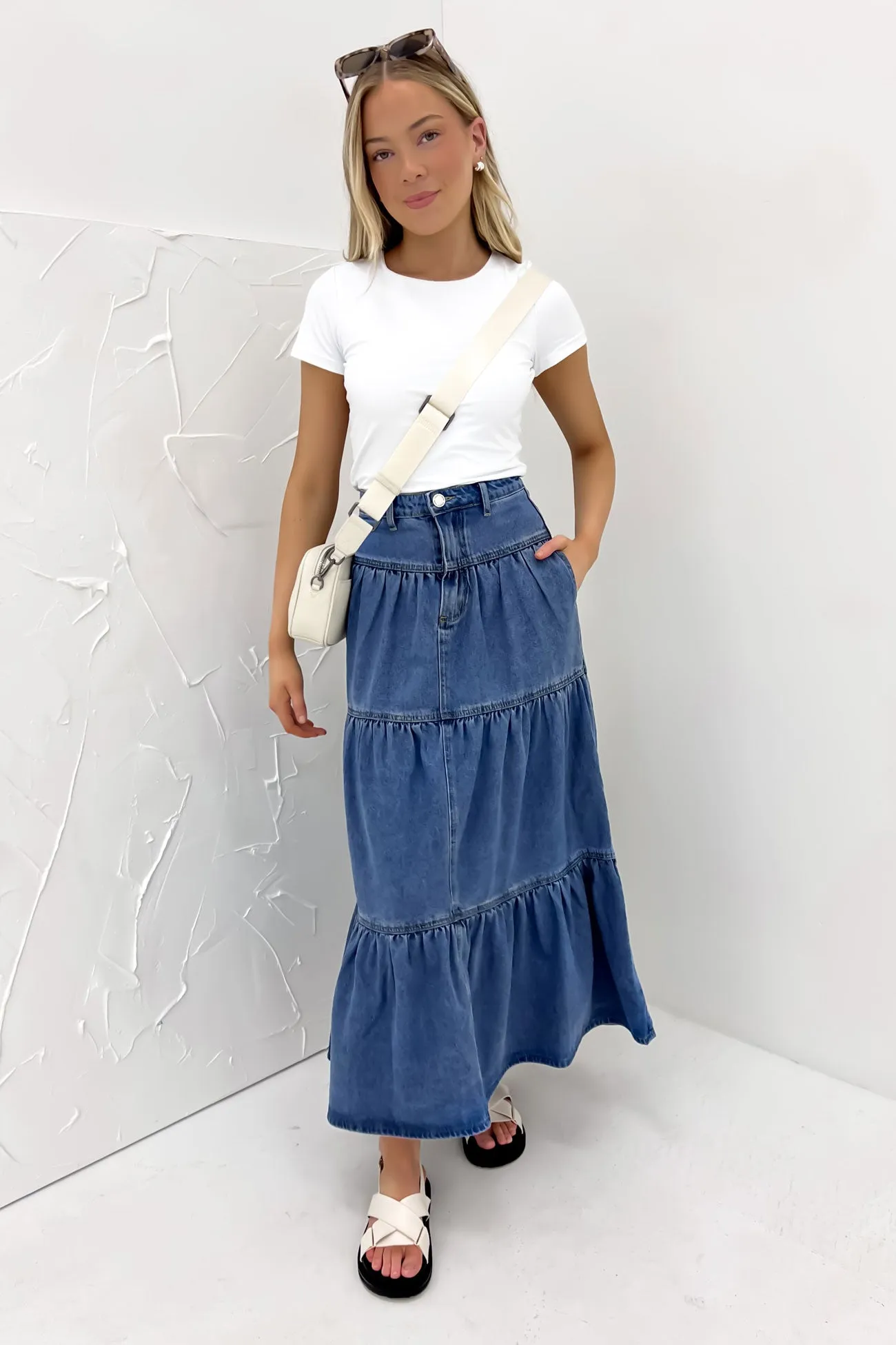 Leela Denim Midi Skirt Mid Blue