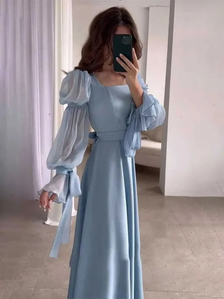 Light Blue Puff Sleeves Long Evening Dress        fg6688