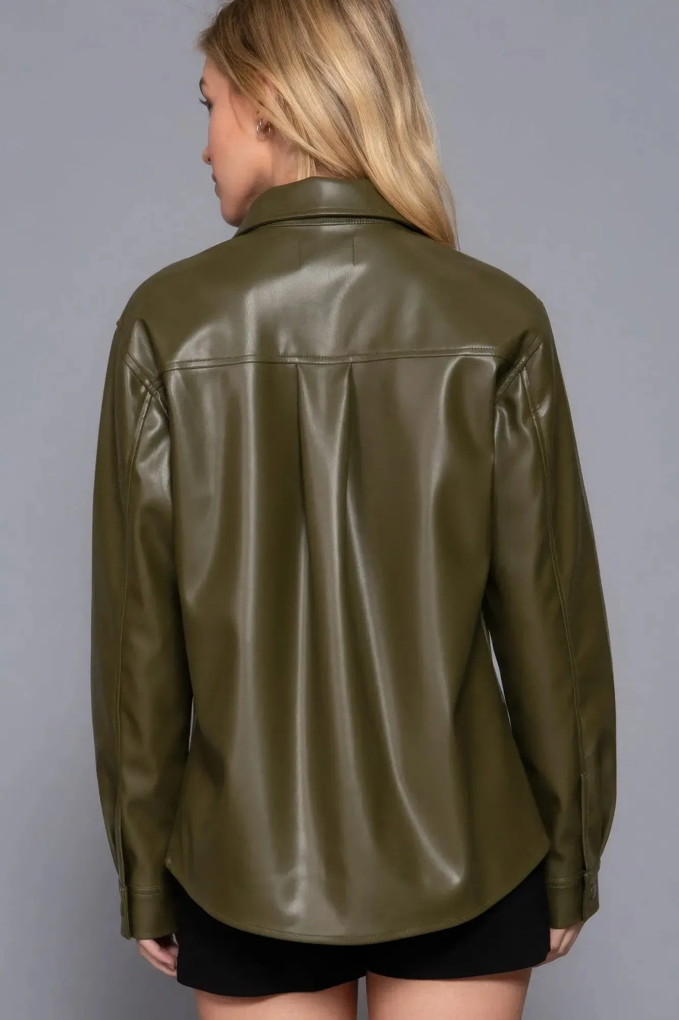 Long Sleeve Faux Leather Shacket – Olive Layering Essential | Fashion M&J