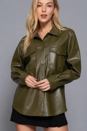 Long Sleeve Faux Leather Shacket – Olive Layering Essential | Fashion M&J