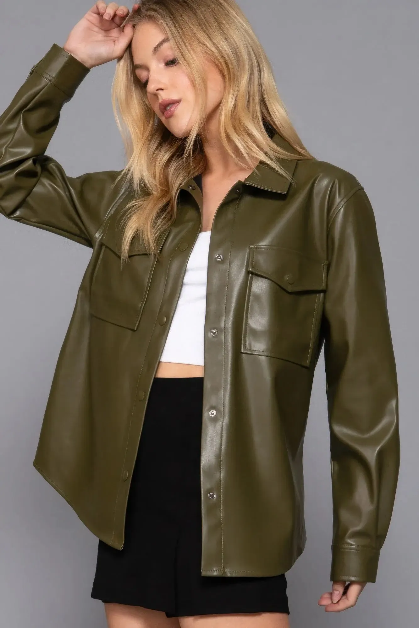 Long Sleeve Faux Leather Shacket – Olive Layering Essential | Fashion M&J