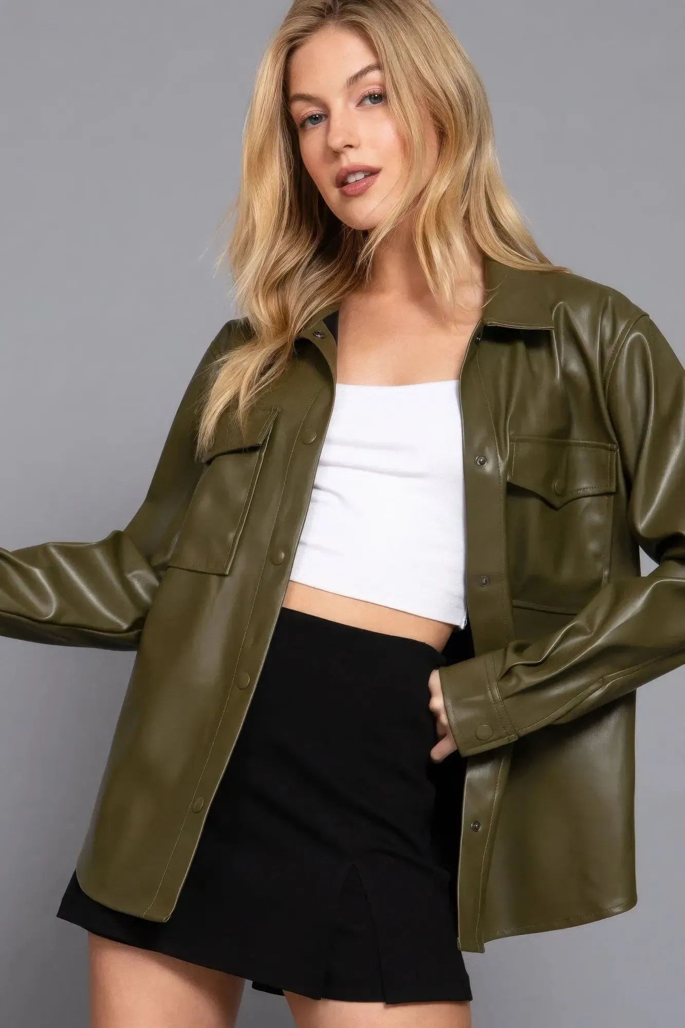 Long Sleeve Faux Leather Shacket – Olive Layering Essential | Fashion M&J