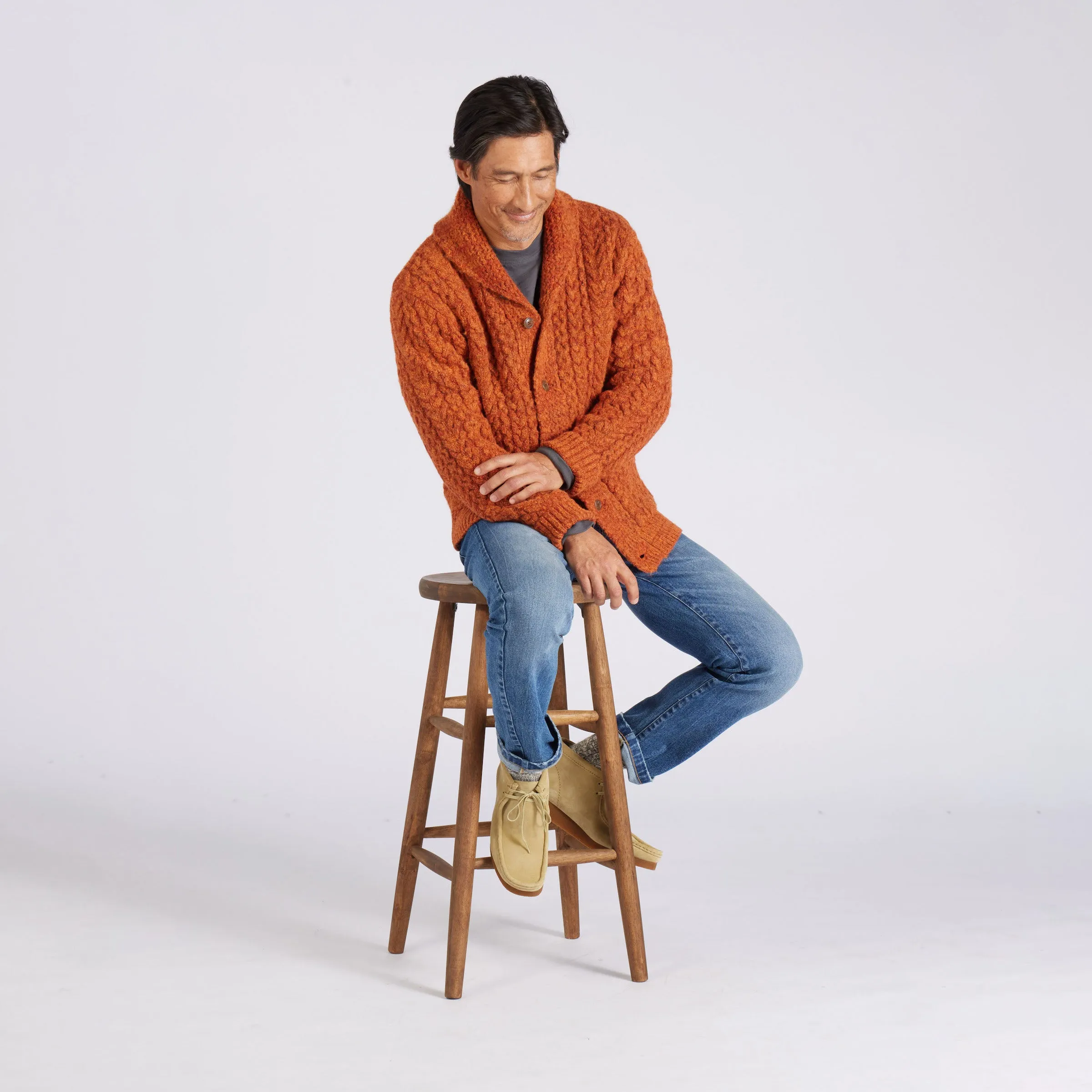 Melange Cable  Shawl Cardigan - Burnt Orange