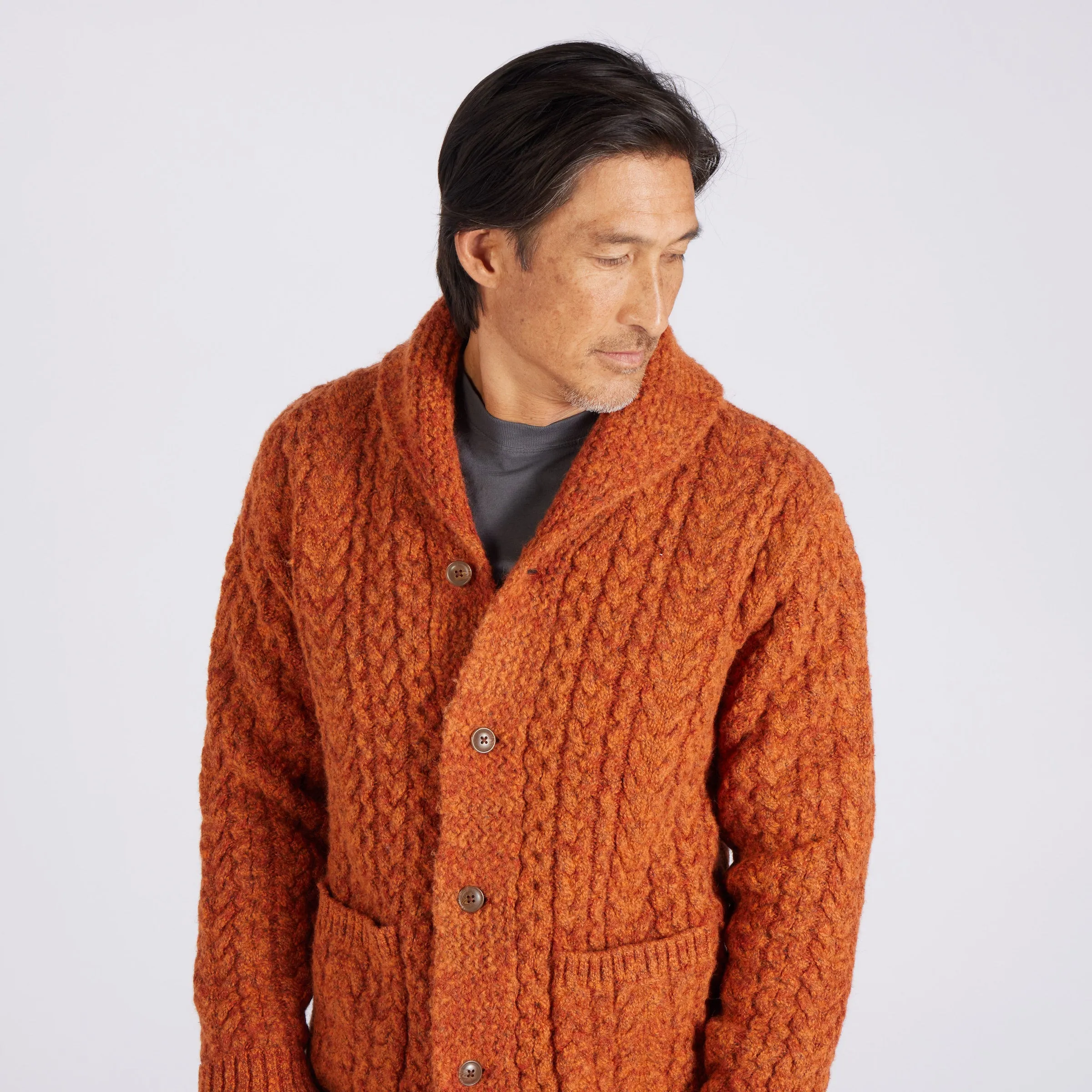 Melange Cable  Shawl Cardigan - Burnt Orange