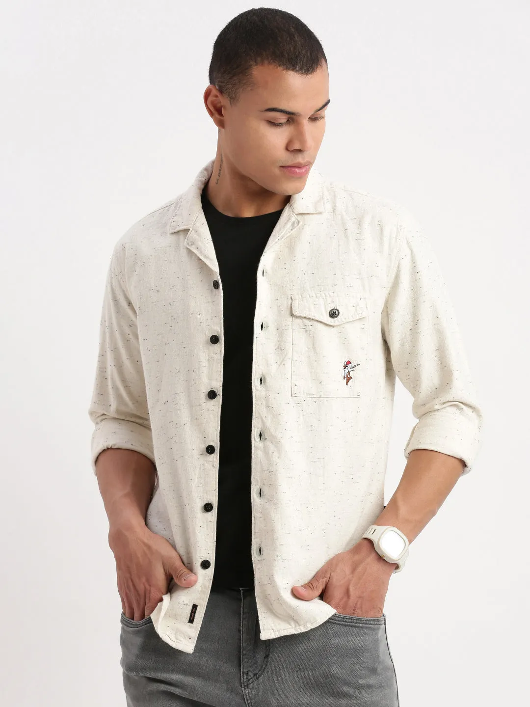 Men Cuban Collar Solid Cream Oversized Shacket