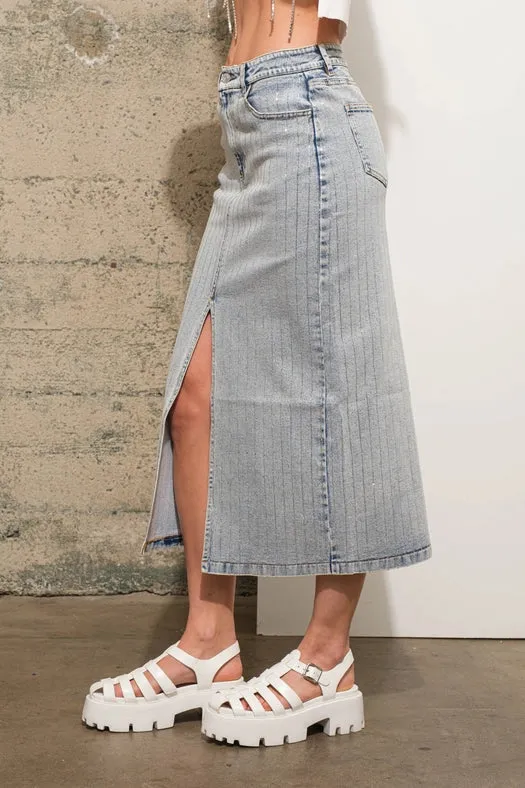 Rhinestone Studded Stripe Midi Denim Skirt  LIGHT WASH