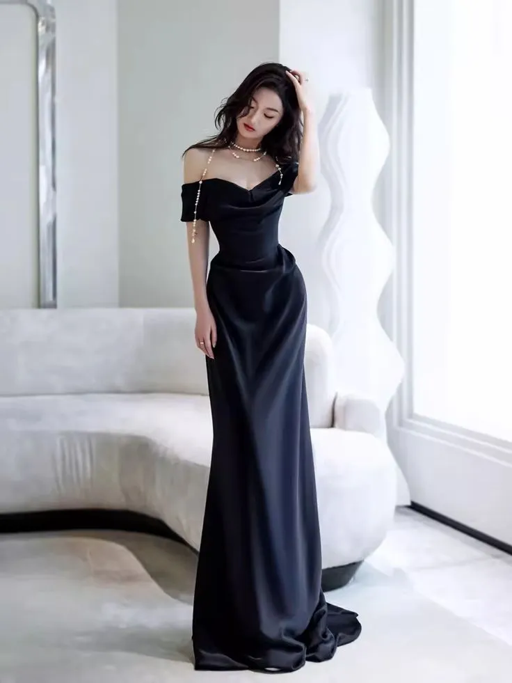 Simple Mermaid Off The Shoulder Black Prom Dresses Evening Dress     fg6846