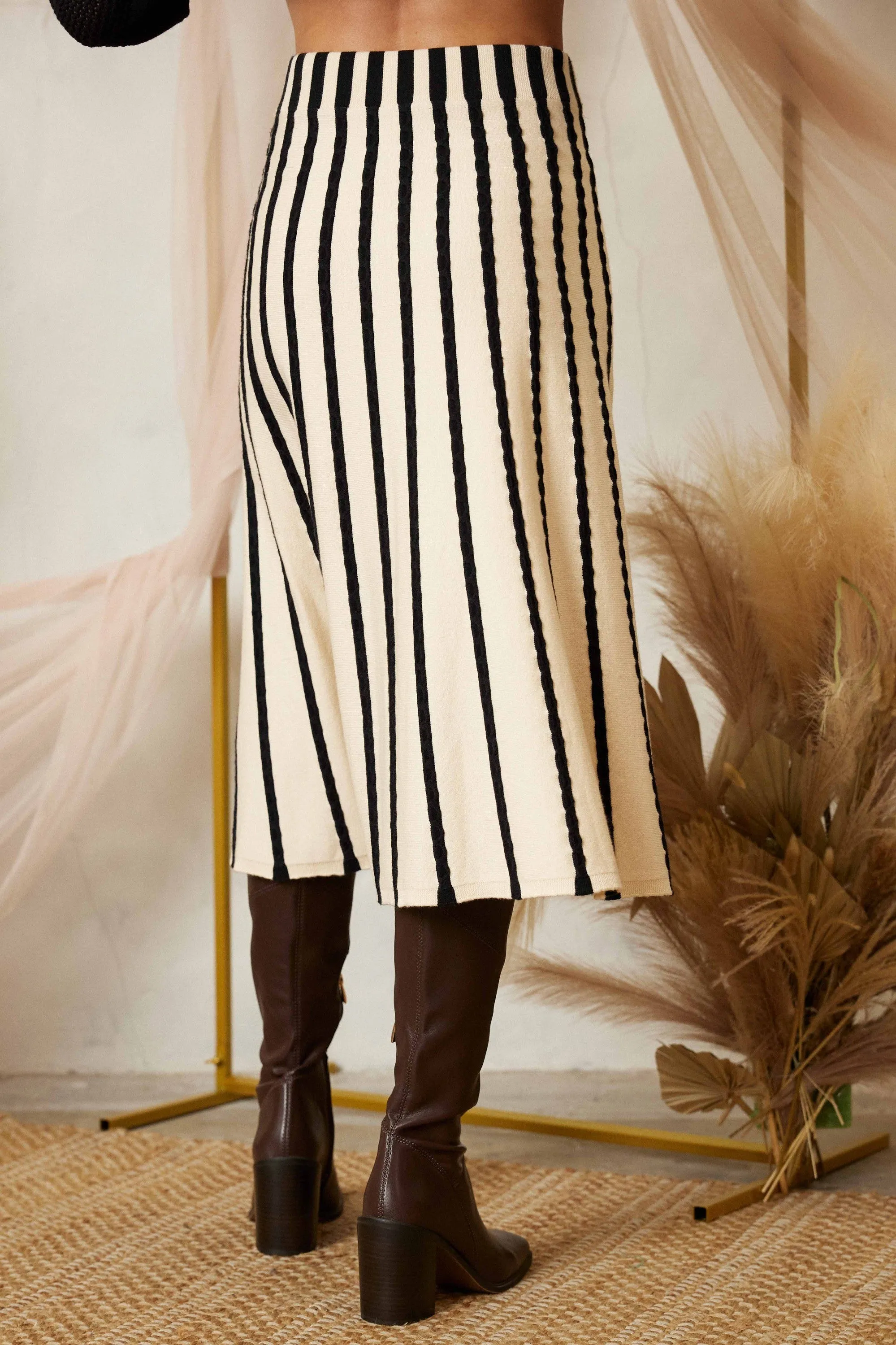 Sunrise Serenade Stripe Sweater Midi Skirt - Ivory/Black