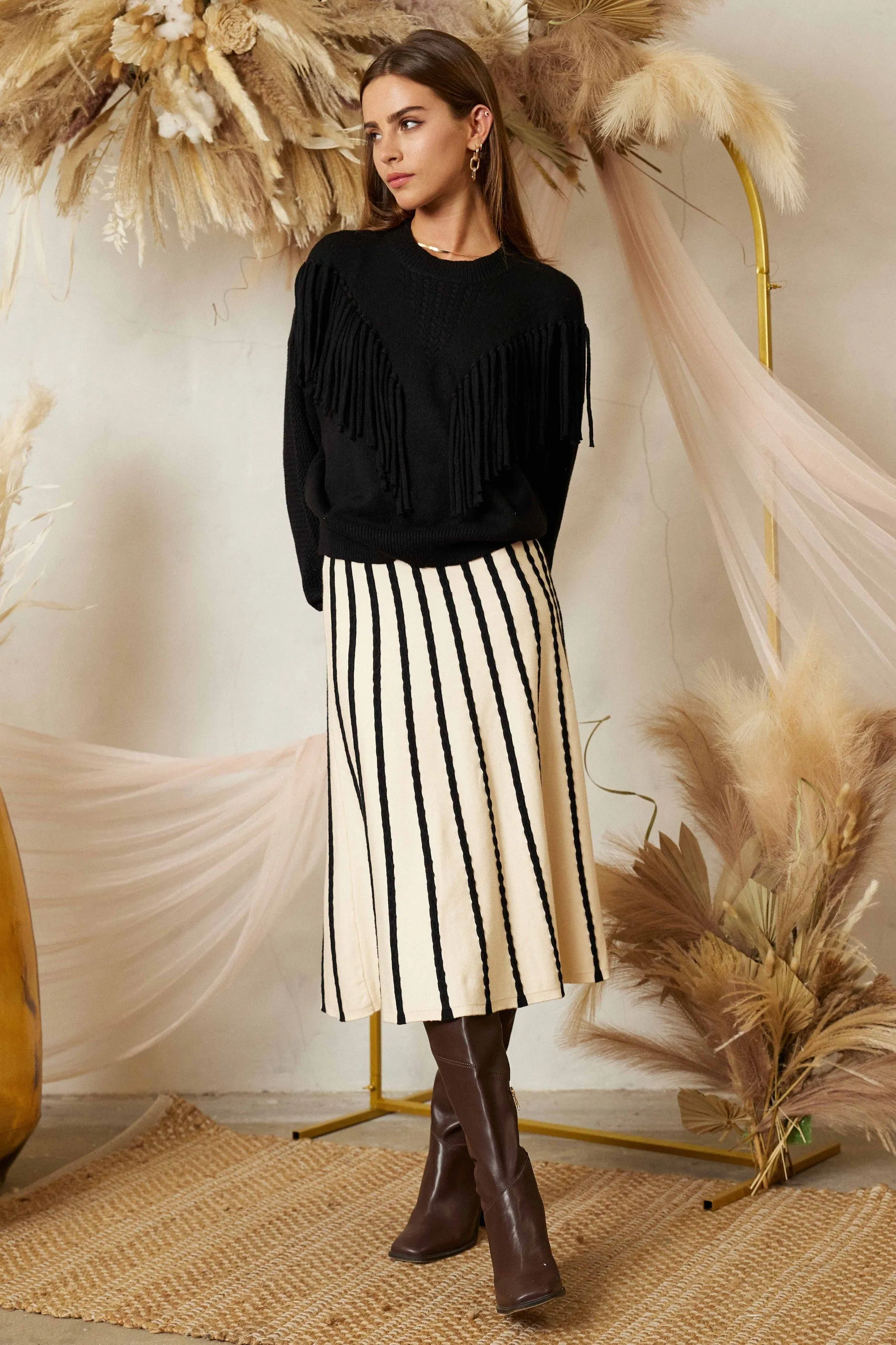 Sunrise Serenade Stripe Sweater Midi Skirt - Ivory/Black