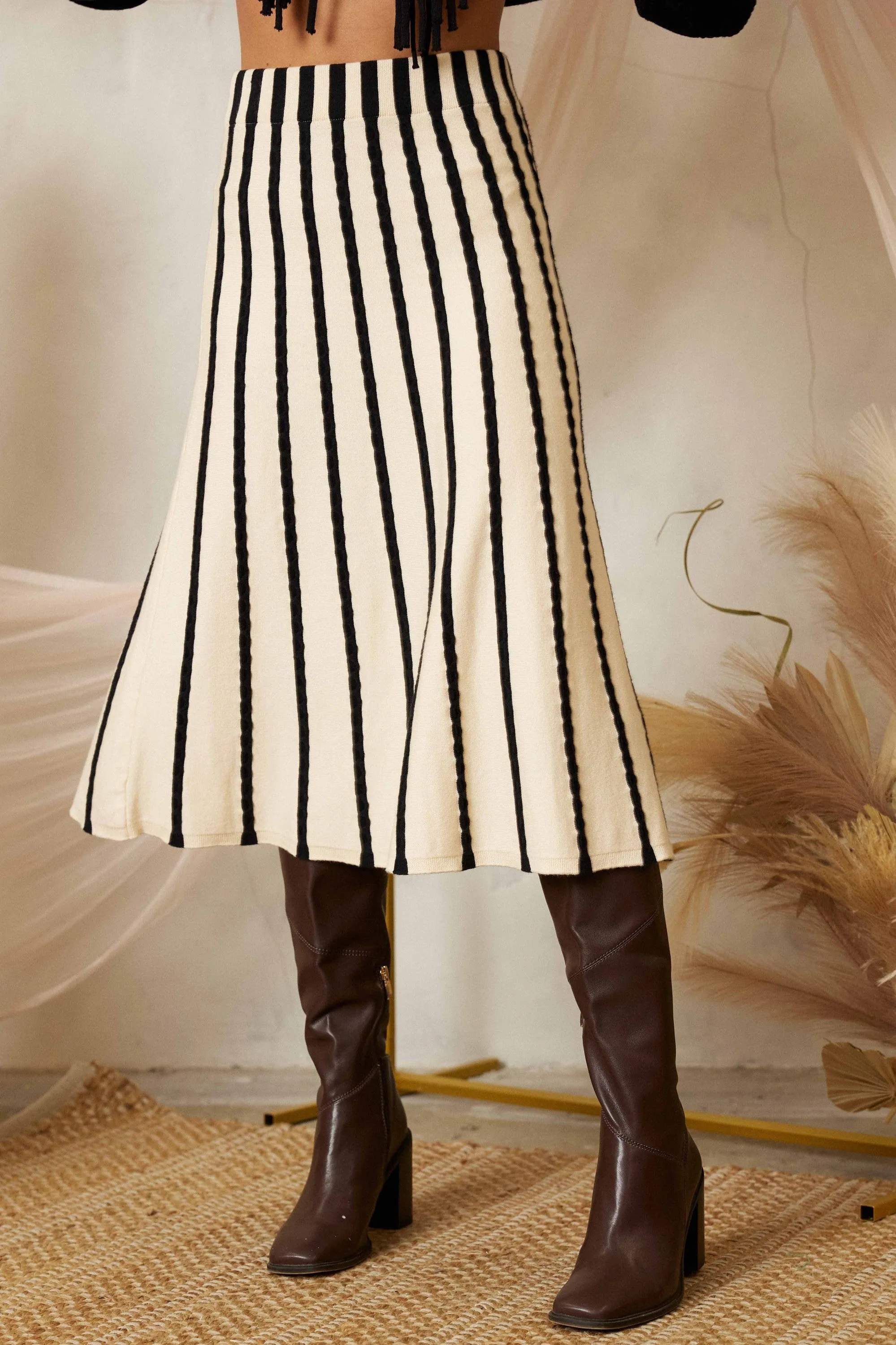 Sunrise Serenade Stripe Sweater Midi Skirt - Ivory/Black