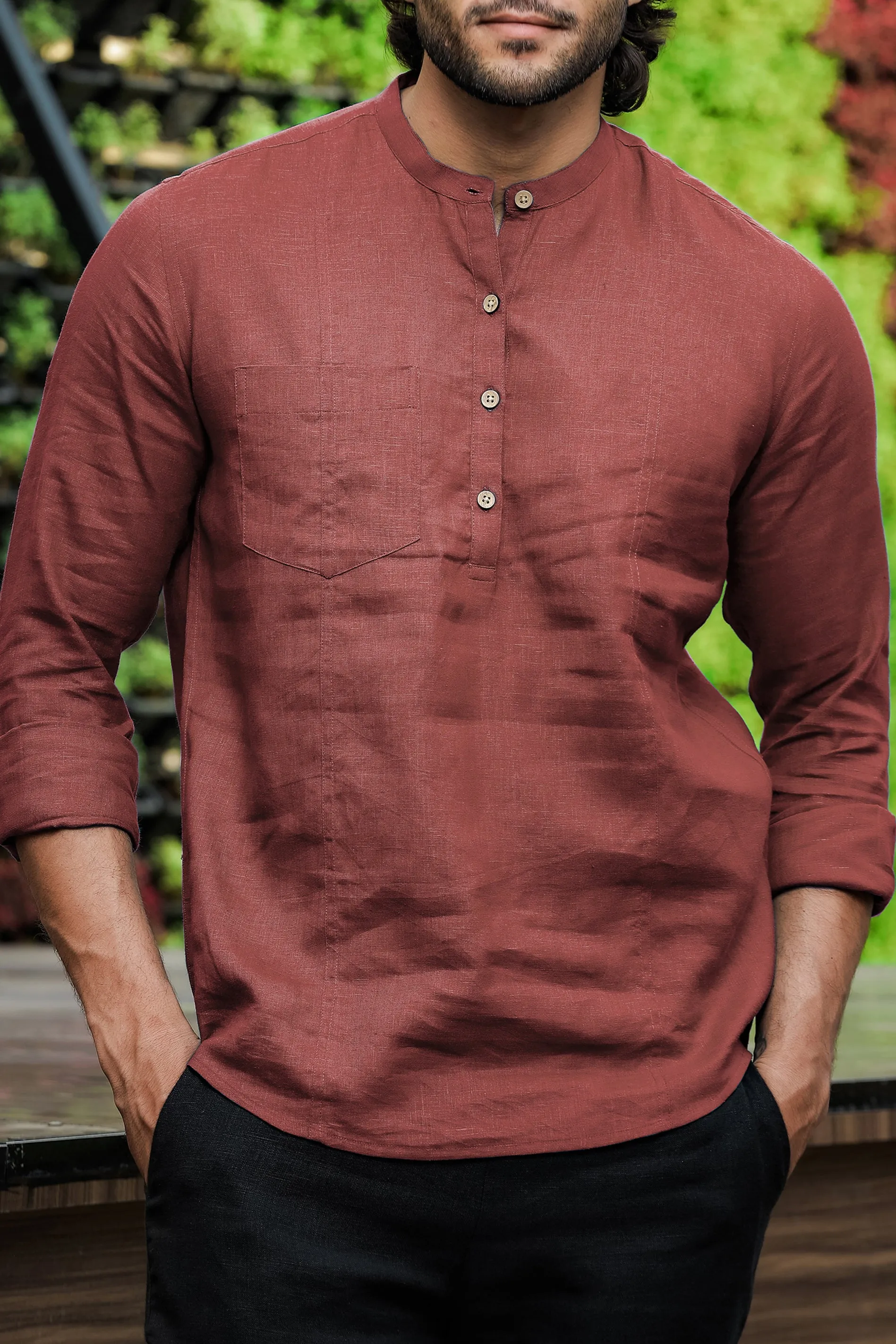 Trevor - Half Placket Pure Linen Full Sleeve Shirt - Terracotta Red