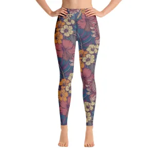 Vintage Flowers Yoga Leggings Women, Floral High Waisted Pants Cute Printed Graphic Workout Running Gym Fun Designer Tights