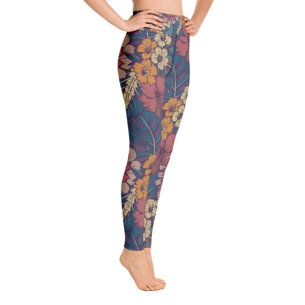 Vintage Flowers Yoga Leggings Women, Floral High Waisted Pants Cute Printed Graphic Workout Running Gym Fun Designer Tights