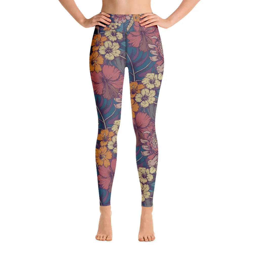 Vintage Flowers Yoga Leggings Women, Floral High Waisted Pants Cute Printed Graphic Workout Running Gym Fun Designer Tights