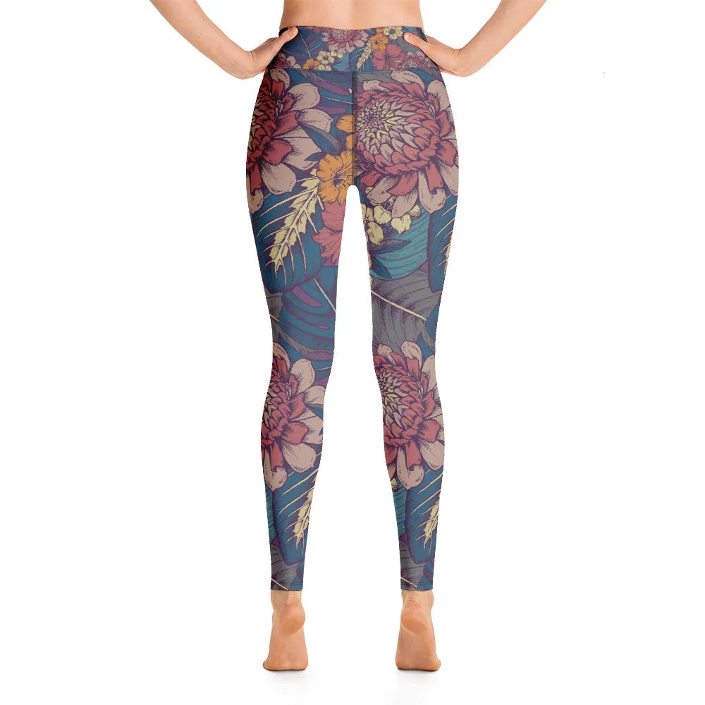 Vintage Flowers Yoga Leggings Women, Floral High Waisted Pants Cute Printed Graphic Workout Running Gym Fun Designer Tights