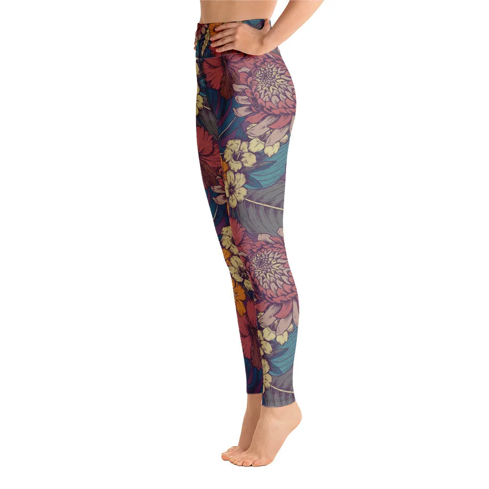 Vintage Flowers Yoga Leggings Women, Floral High Waisted Pants Cute Printed Graphic Workout Running Gym Fun Designer Tights