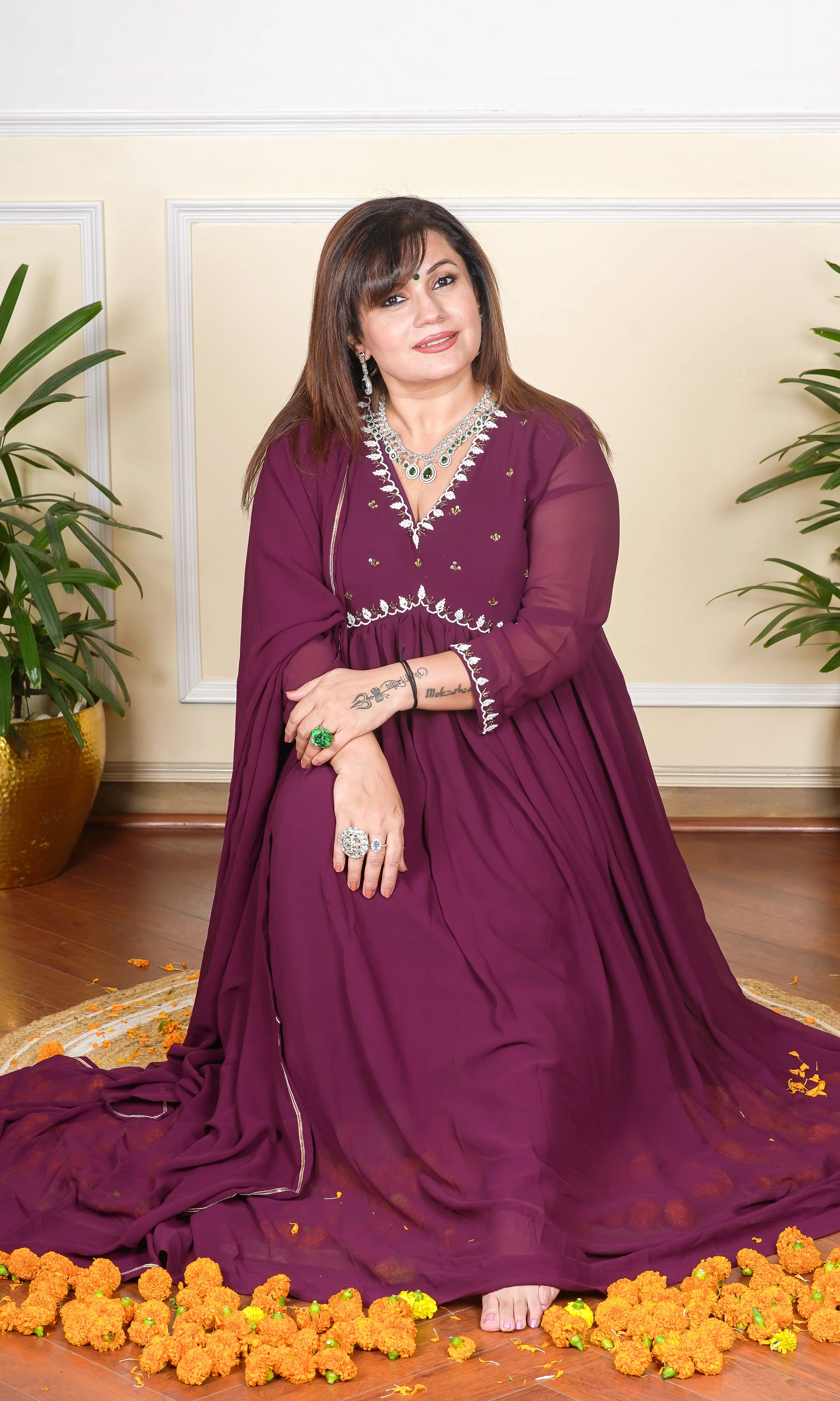 WINE COLOUR SEQUIN, THREAD AND CUTDANA EMBROIDERED NECKLINE FLARED KURTA WITH PANTS AND DUPATTA