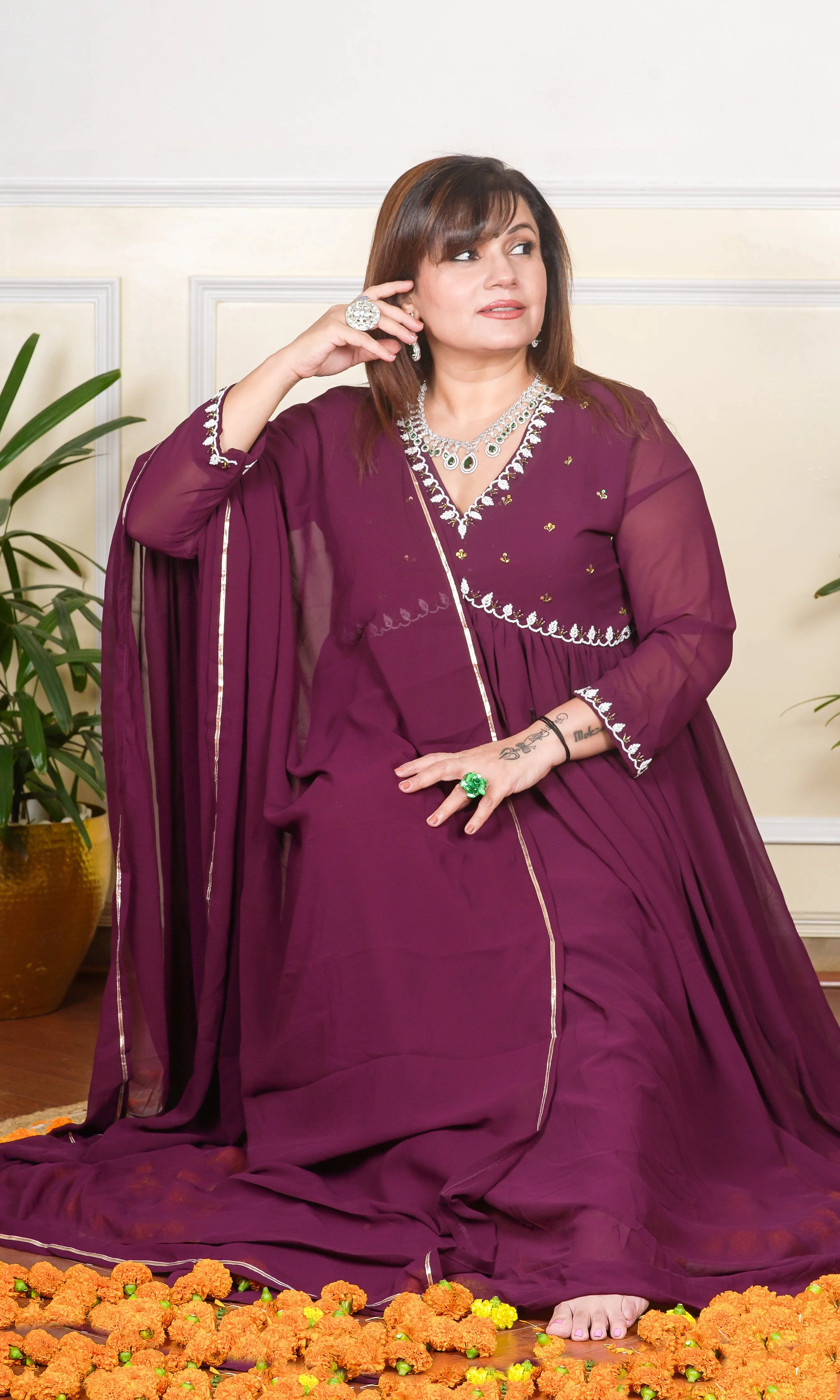 WINE COLOUR SEQUIN, THREAD AND CUTDANA EMBROIDERED NECKLINE FLARED KURTA WITH PANTS AND DUPATTA