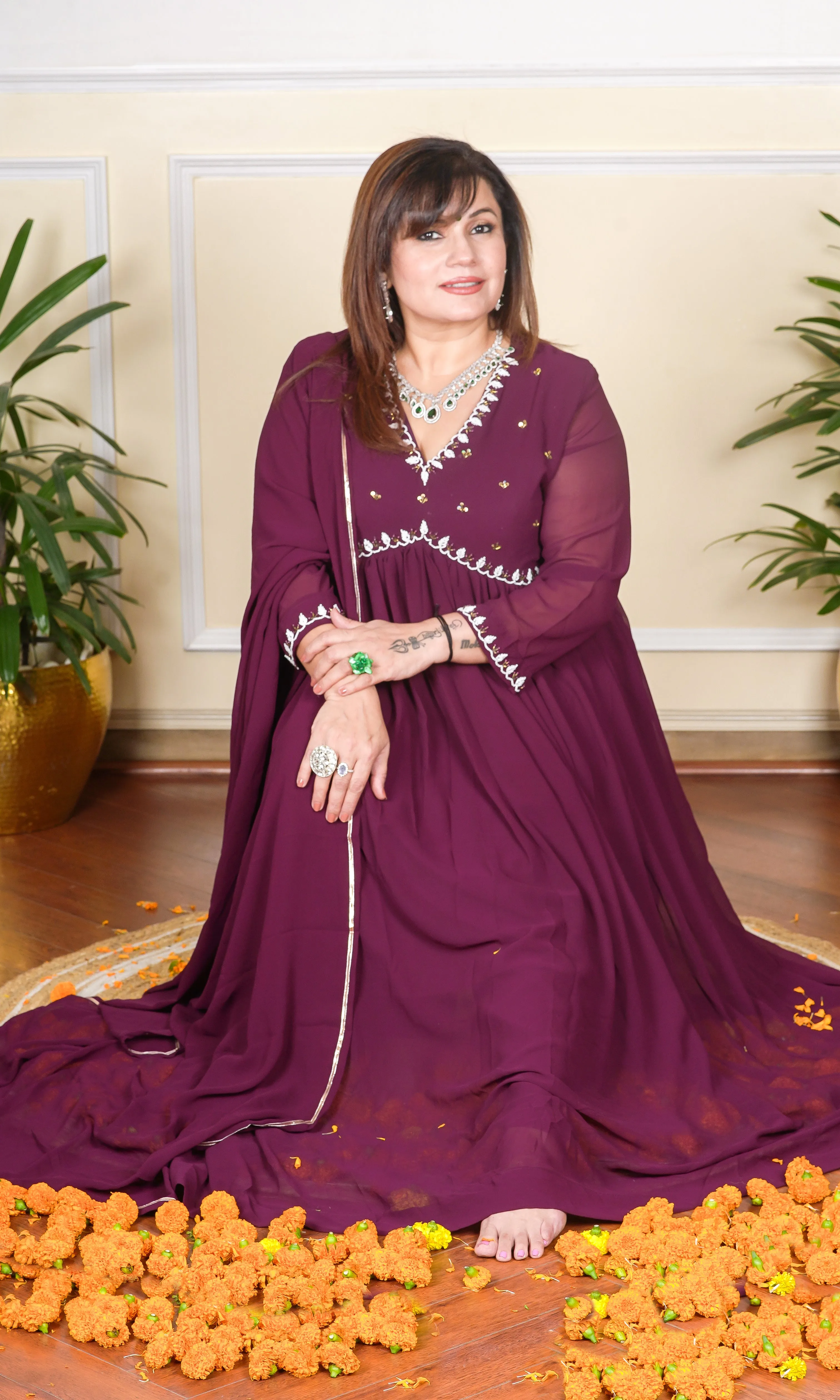 WINE COLOUR SEQUIN, THREAD AND CUTDANA EMBROIDERED NECKLINE FLARED KURTA WITH PANTS AND DUPATTA