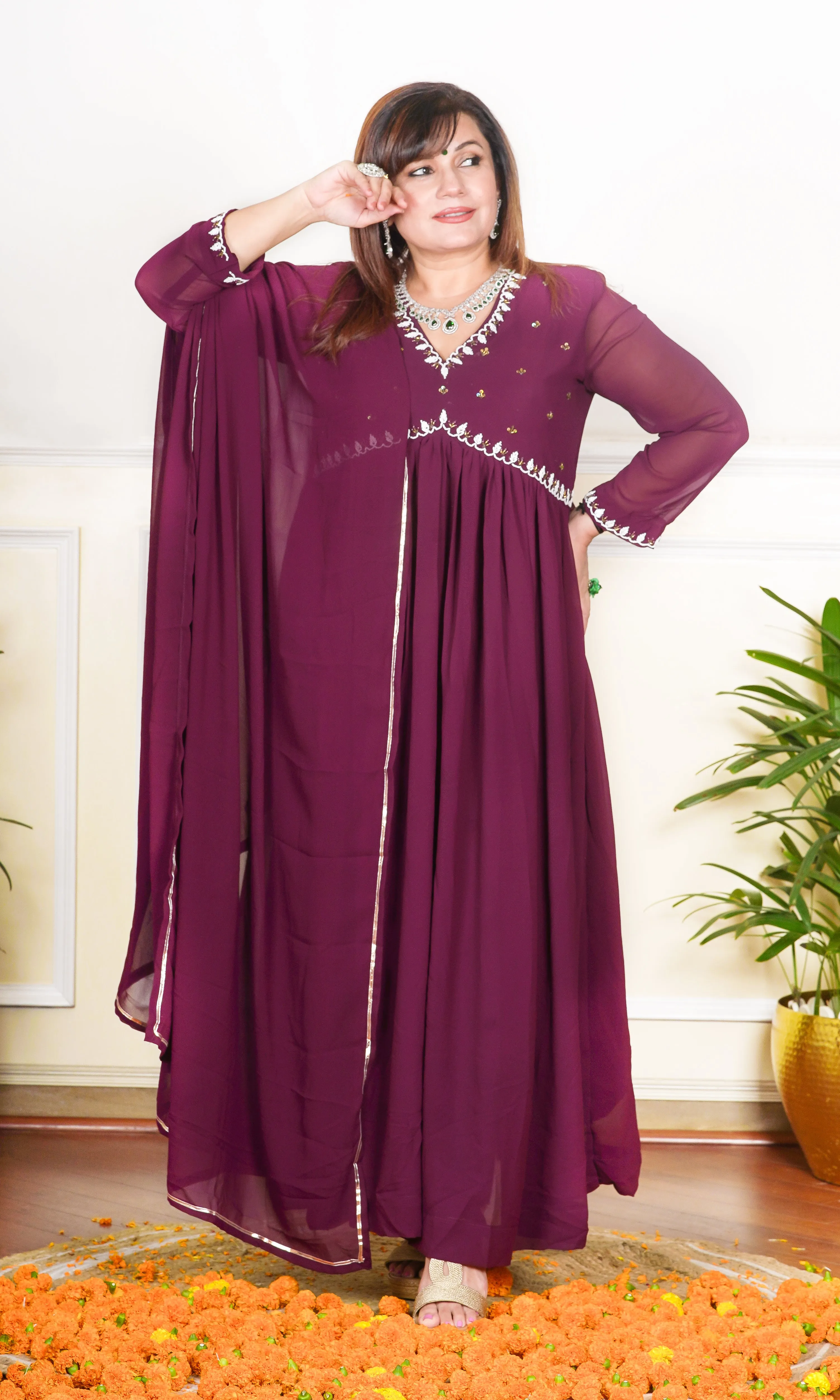 WINE COLOUR SEQUIN, THREAD AND CUTDANA EMBROIDERED NECKLINE FLARED KURTA WITH PANTS AND DUPATTA