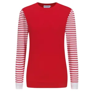 Women's red  Knitted T-shirt with Horizontal striped sleeves