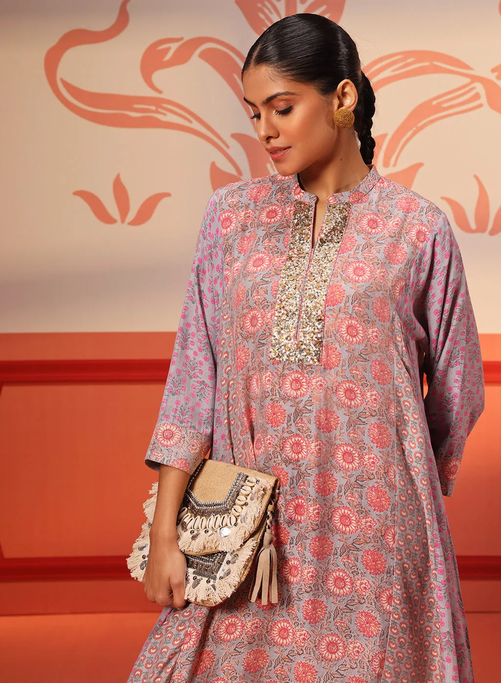 Zahra Silver Grey Printed Kurta Set for Women