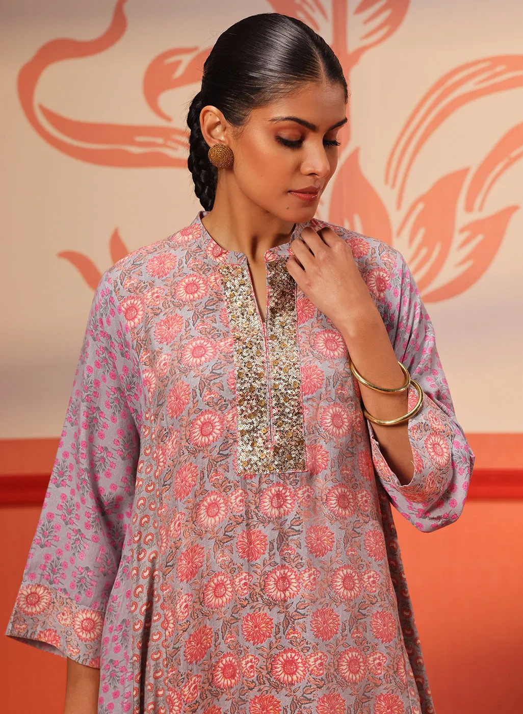 Zahra Silver Grey Printed Kurta Set for Women