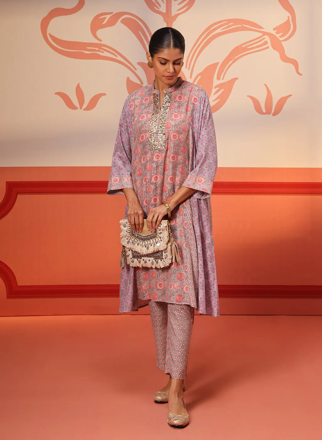 Zahra Silver Grey Printed Kurta Set for Women